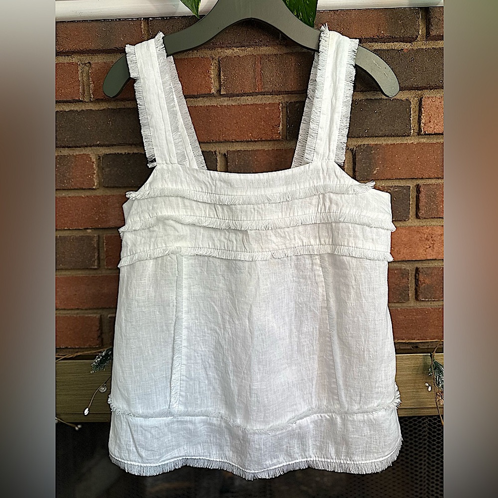 J. Crew White Frayed Strap Linen Tank Top